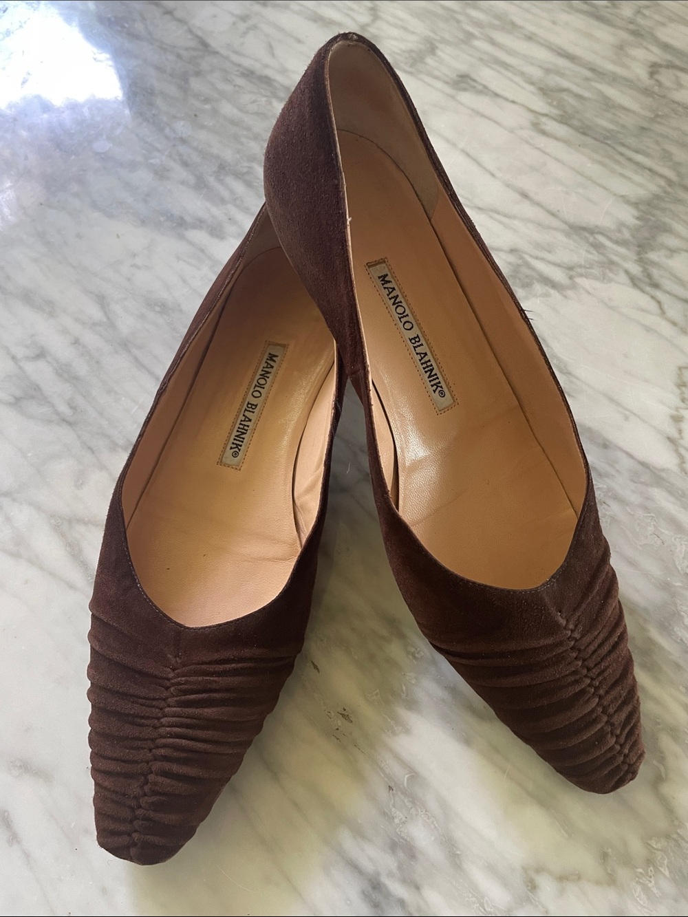 Manolo Blahnik Dark Brown Ruched Suede Pointed Flats